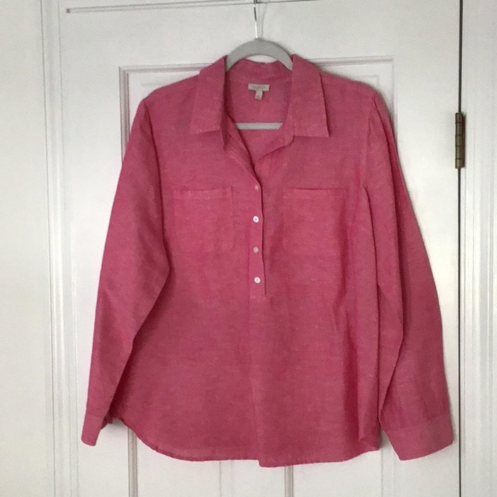 Talbot’s Woman’s Pink Long-Sleeve Button Shirt with two front pockets.